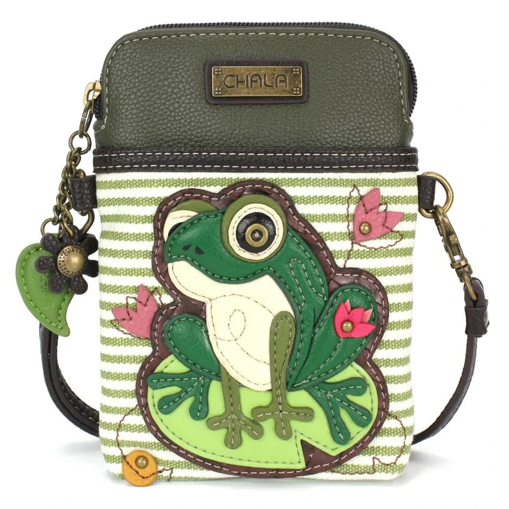 Chala Faux Leather Cellphone Crossbody Purse - Lily Frog, Green Stripe NWT
